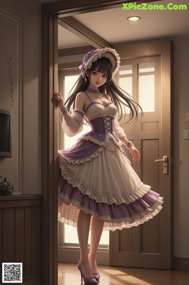 A woman in a dress and hat standing in front of a door.