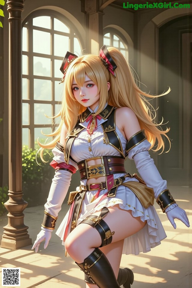 A woman in a white dress and black boots posing for a picture.