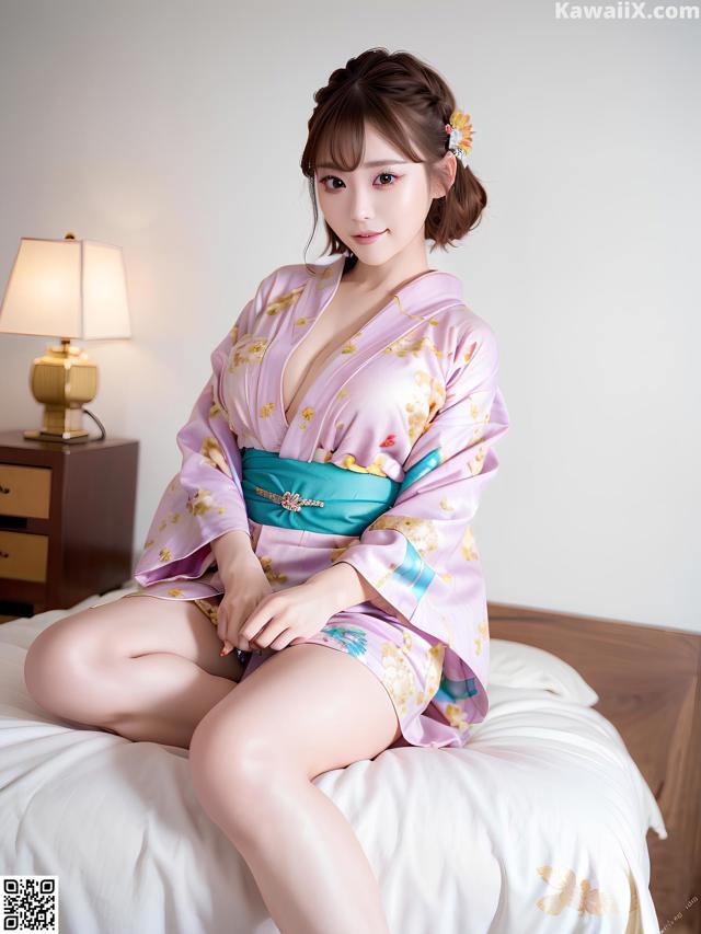 A woman in a pink kimono sitting on a bed.