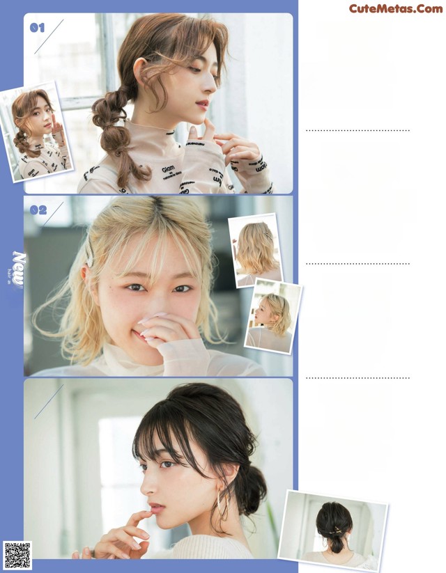 A magazine page with a picture of a woman with long hair.